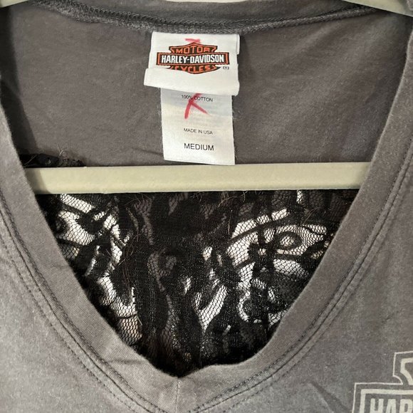 Harley Davidson Women's  Heritage Cycles V-Neck T-Shirt M With Lace Back Gray - Picture 3 of 6